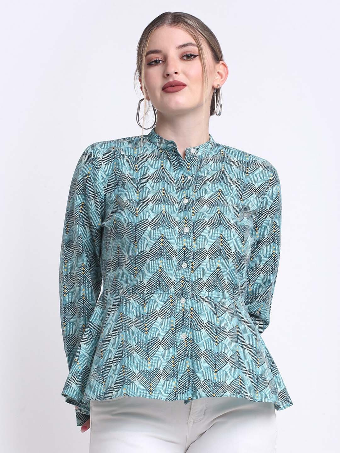 

FAABRIQ Geometric Printed Mandarin Collar Pure Cotton A-Line Top, Blue