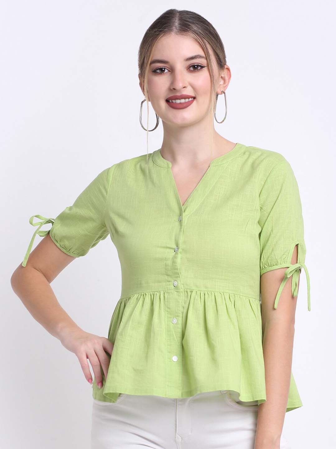 

FAABRIQ Mandarin Collar Gathered Detail Pure Cotton A-Line Top, Green