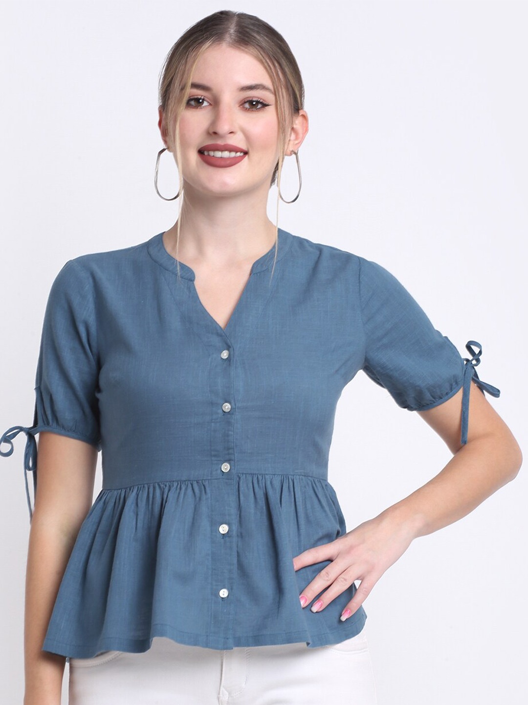 

FAABRIQ Mandarin Collar Gathered Detail Pure Cotton A-Line Top, Teal