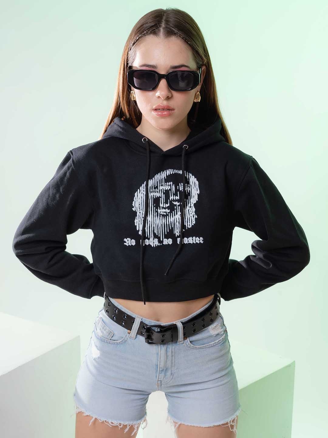 

Stylecast X Hersheinbox Cotton Printed Hooded Cropped Sweatshirt, Black