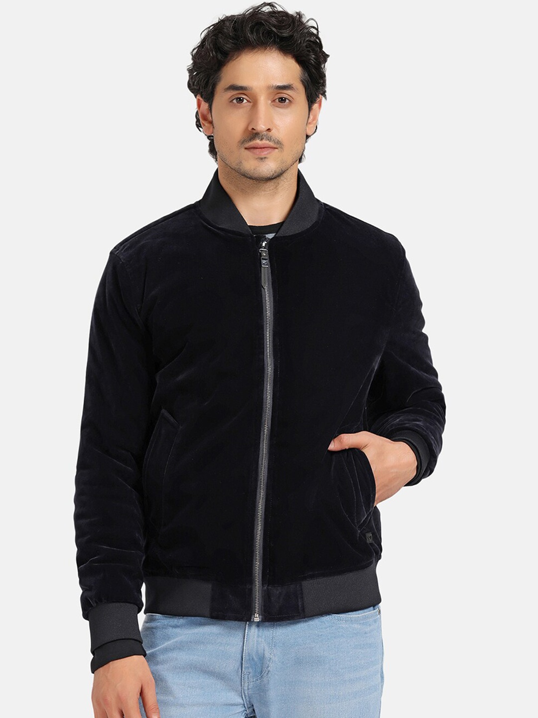 

Blackberrys Stand Collar Long Sleeve Zip Detail Bomber Jacket, Blue