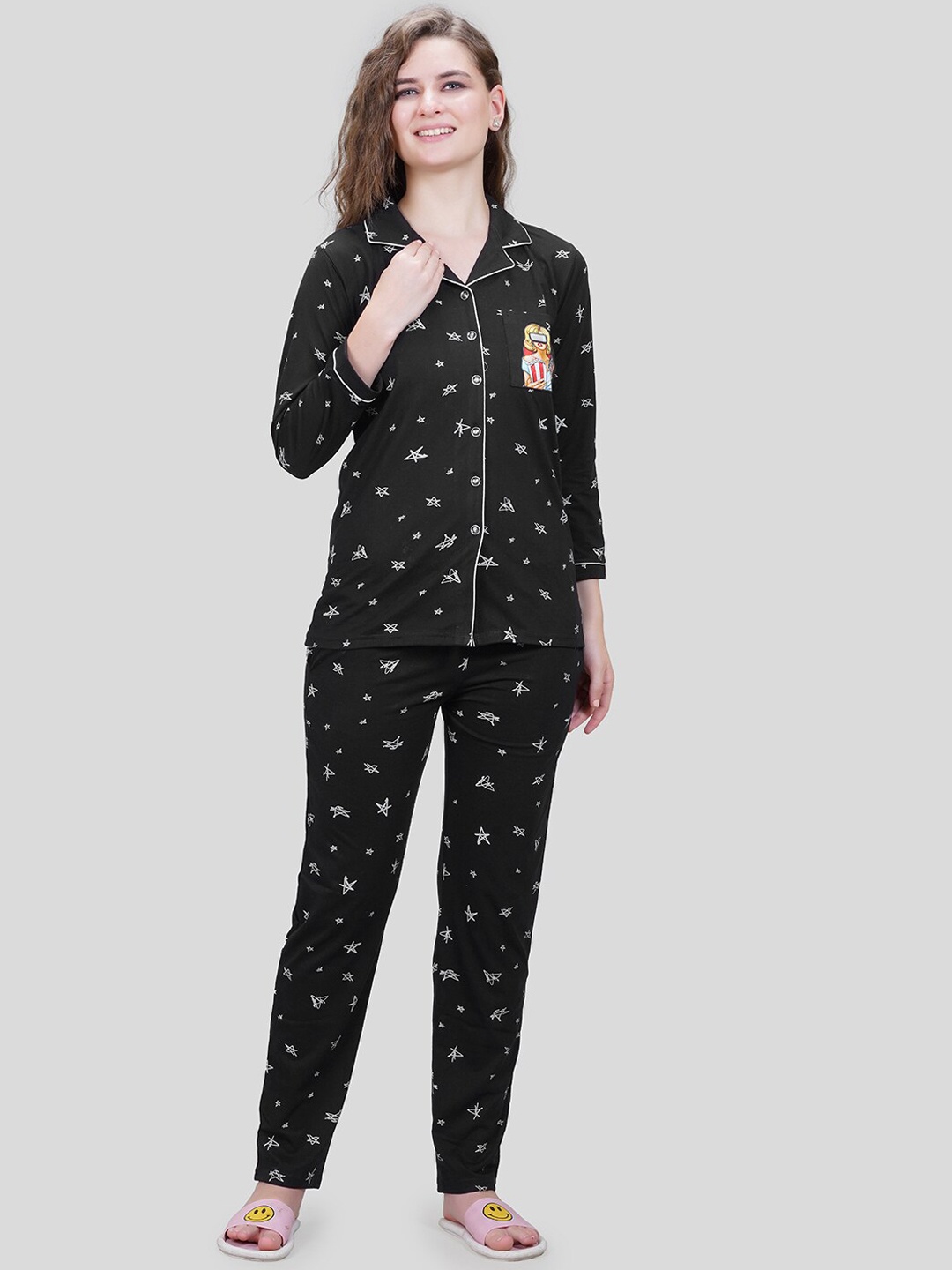 

She N She Conversational Print Front Open Night Suit, Black