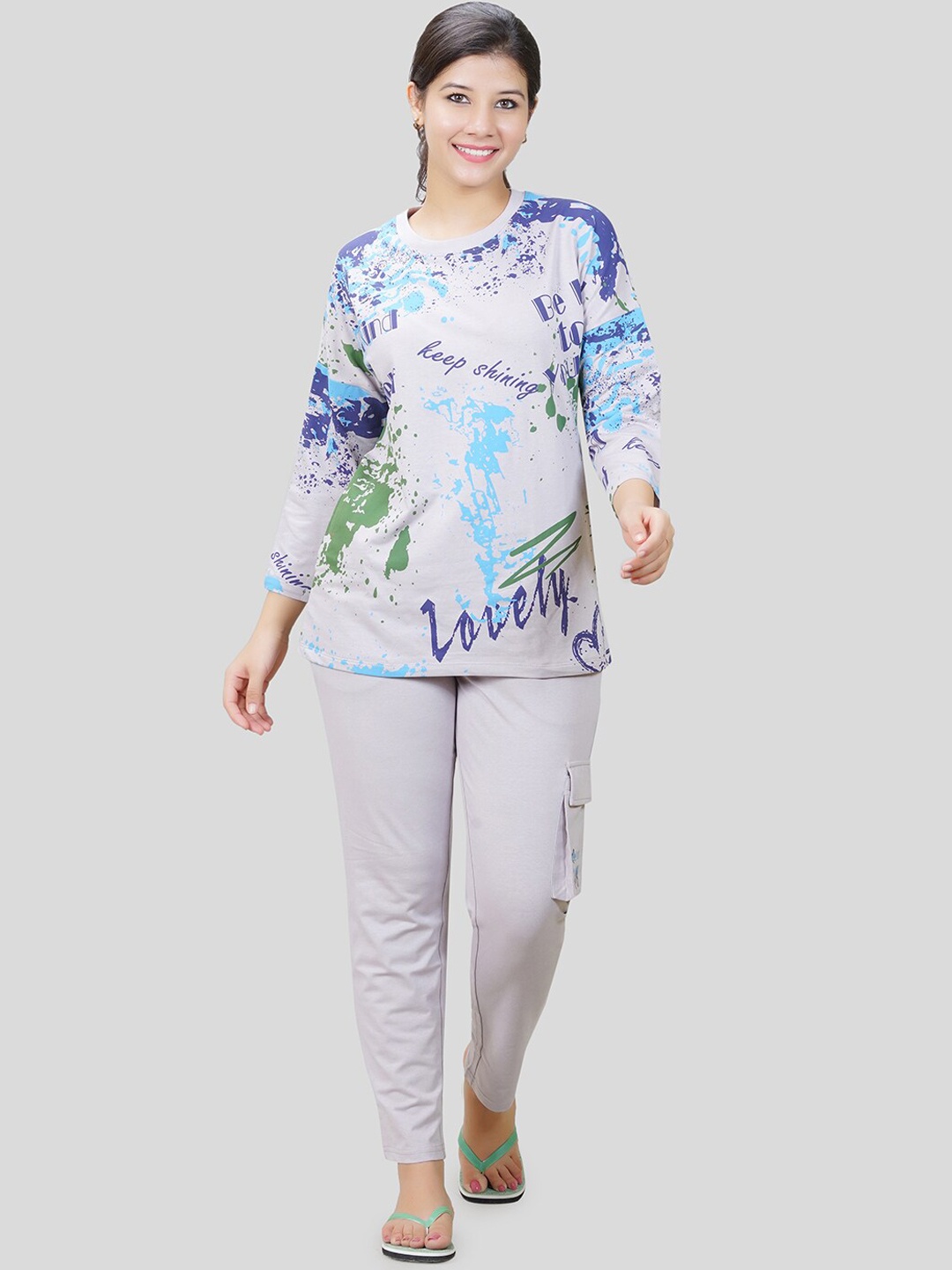 

She N She Typography Printed Oversized Hosiery Co-ord set, Grey
