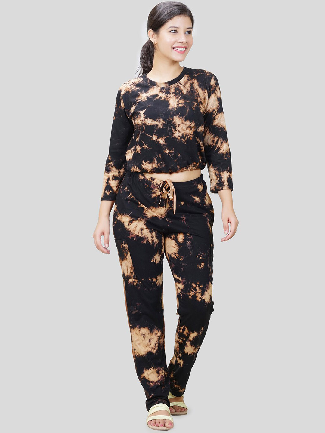 

She N She Hosiery Tie & Dye Dyed Crop T-shirt With Trouser, Black