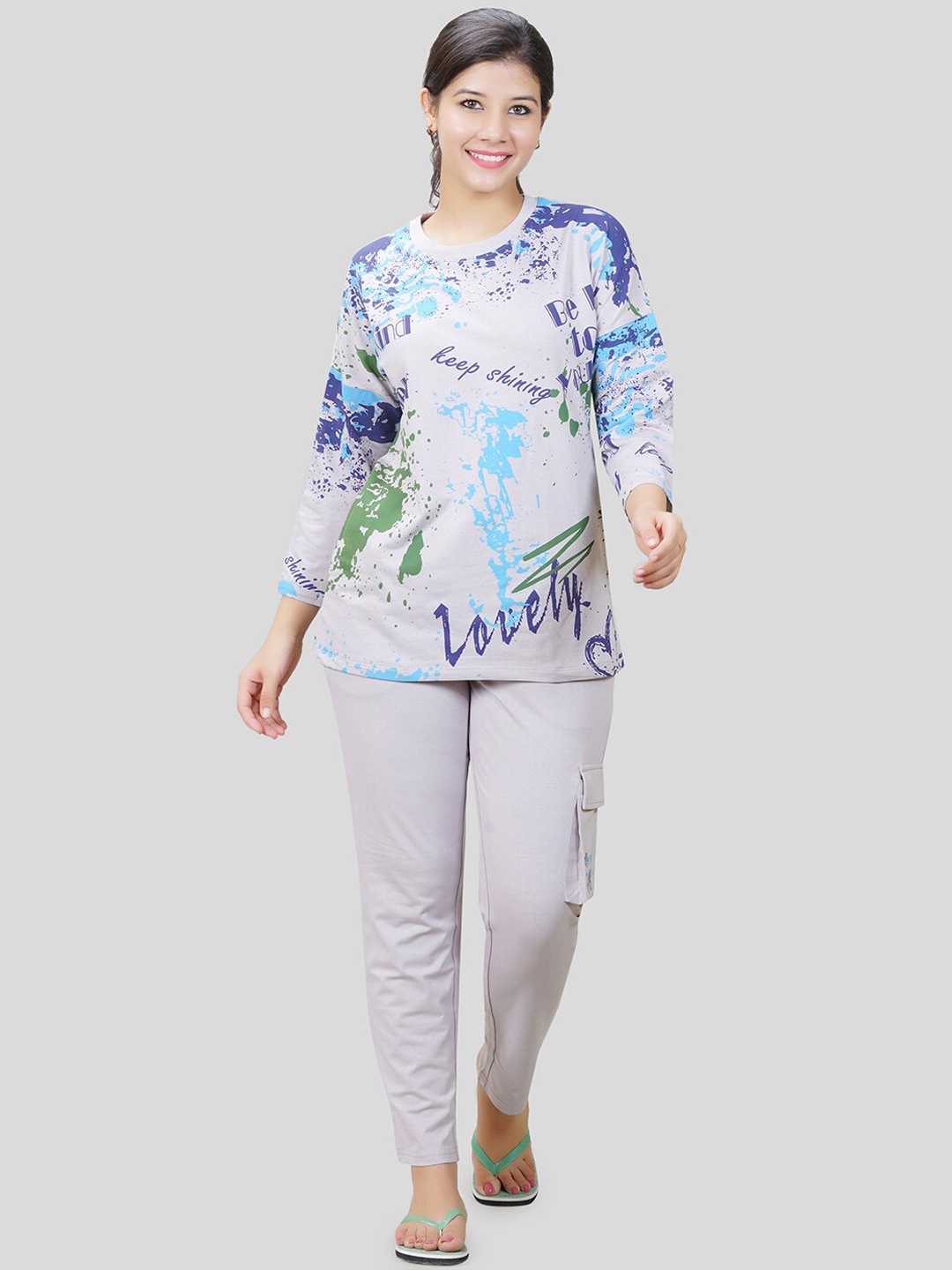 

She N She Typography Print Oversized T-shirt With Trouser Co-Ords, Grey