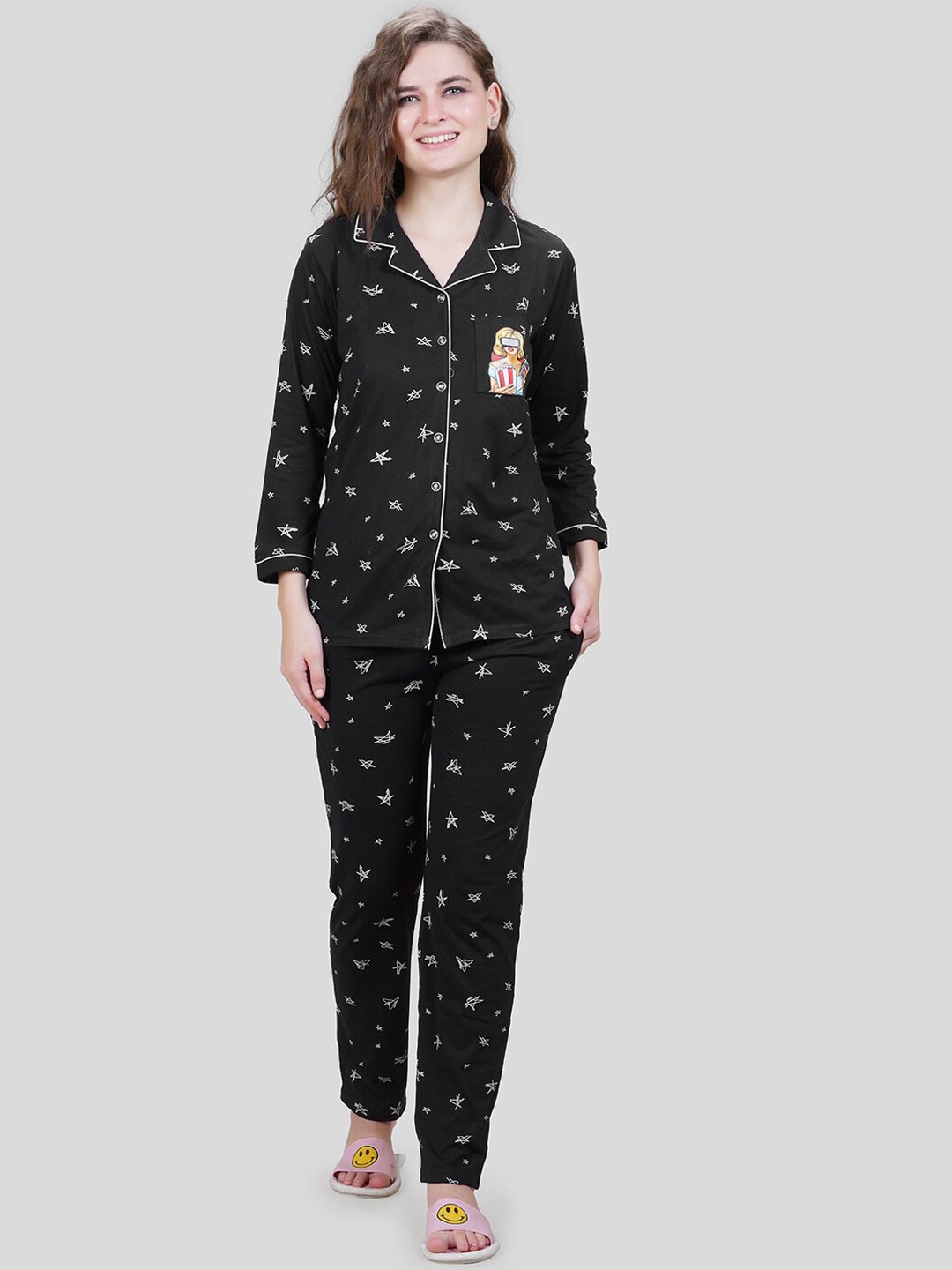 

She N She Conversational Printed Hosiery Pyjama Set, Black