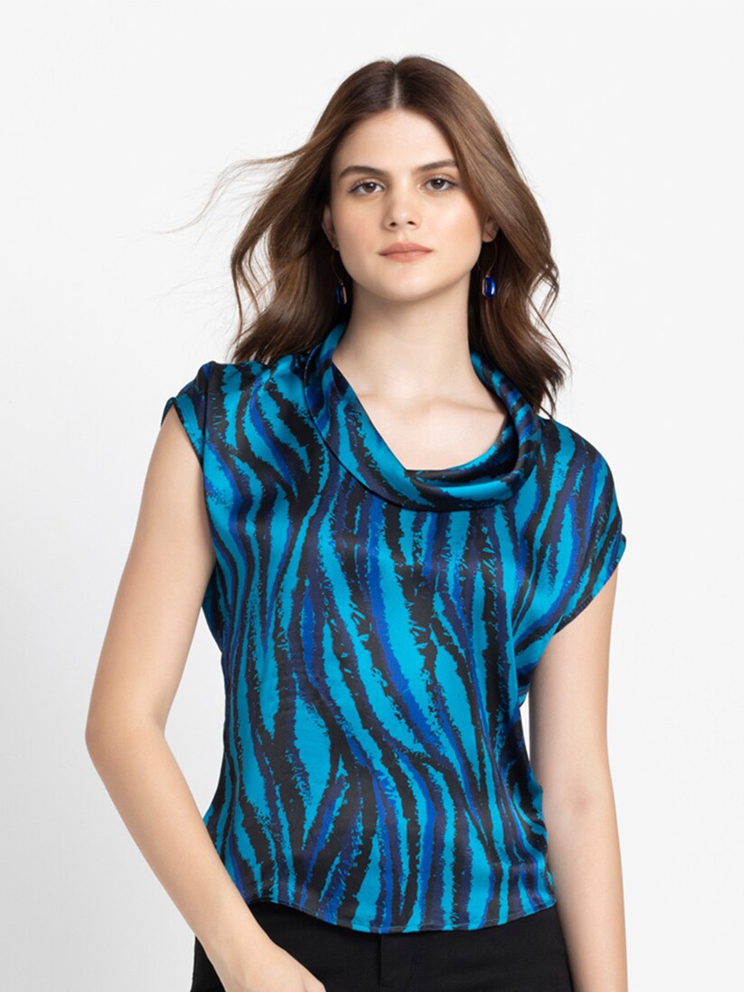 

SHAYE Abstract Printed Cowl Neck Top, Black