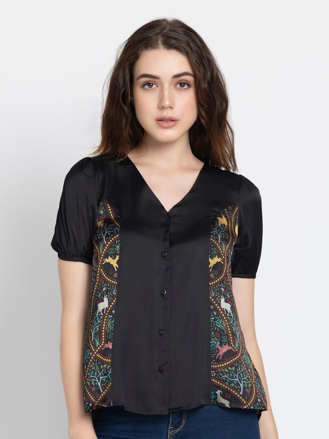 

SHAYE Ethnic Motifs Printed V-Neck Puff Sleeves Top, Black