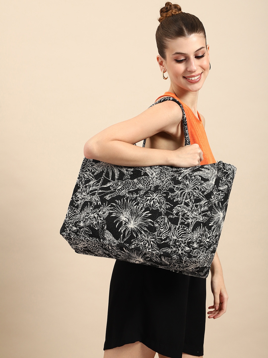 

DressBerry Floral Printed Oversized Shopper Tote Bag, Black