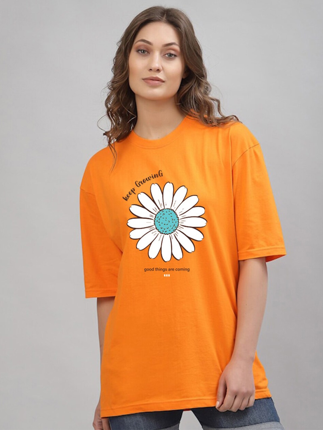 

JUNEBERRY Floral Printed Pure Cotton Oversized T-shirt, Orange