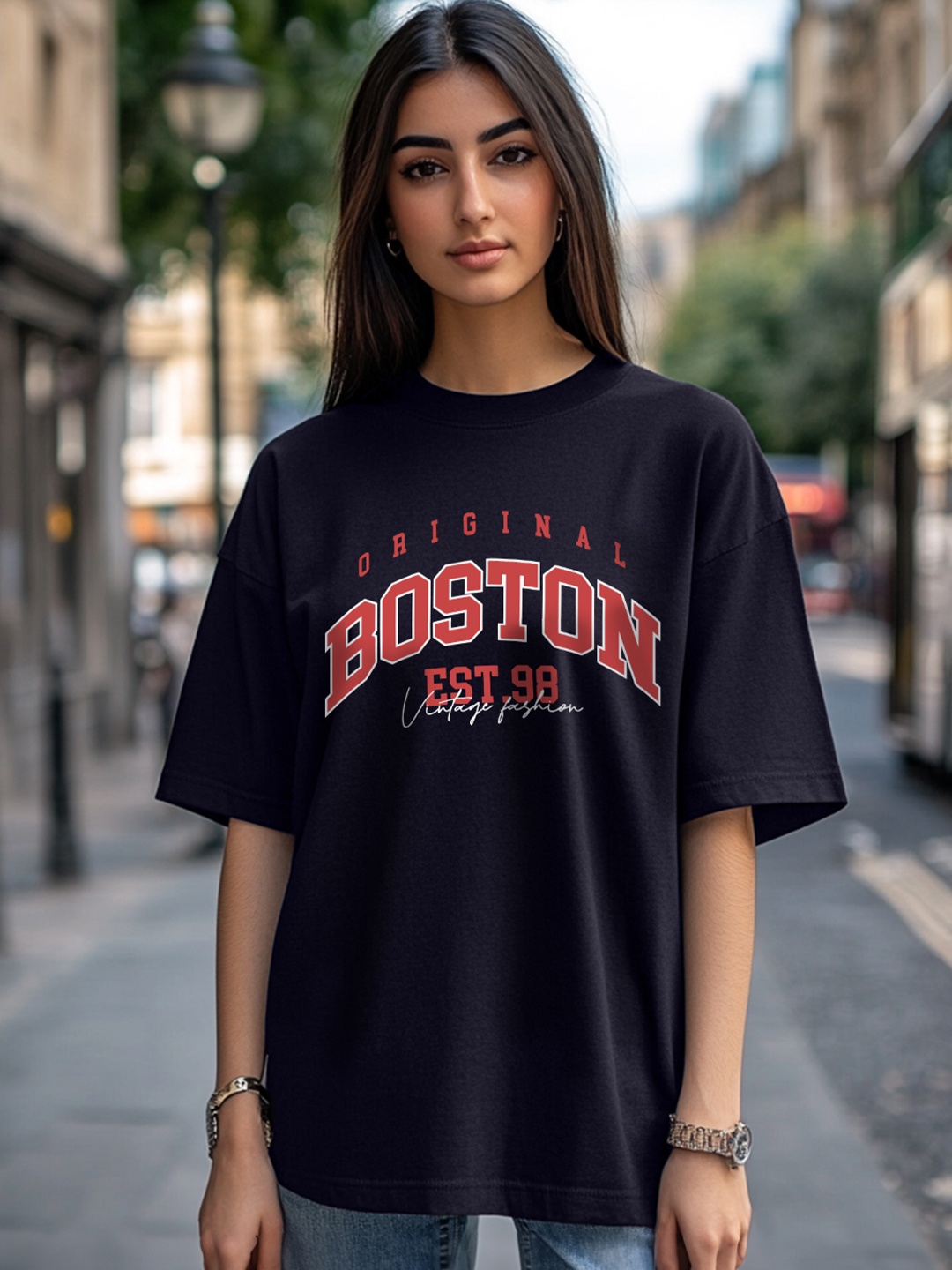 

JUNEBERRY Typography Printed Pure Cotton Oversized T-shirt, Black