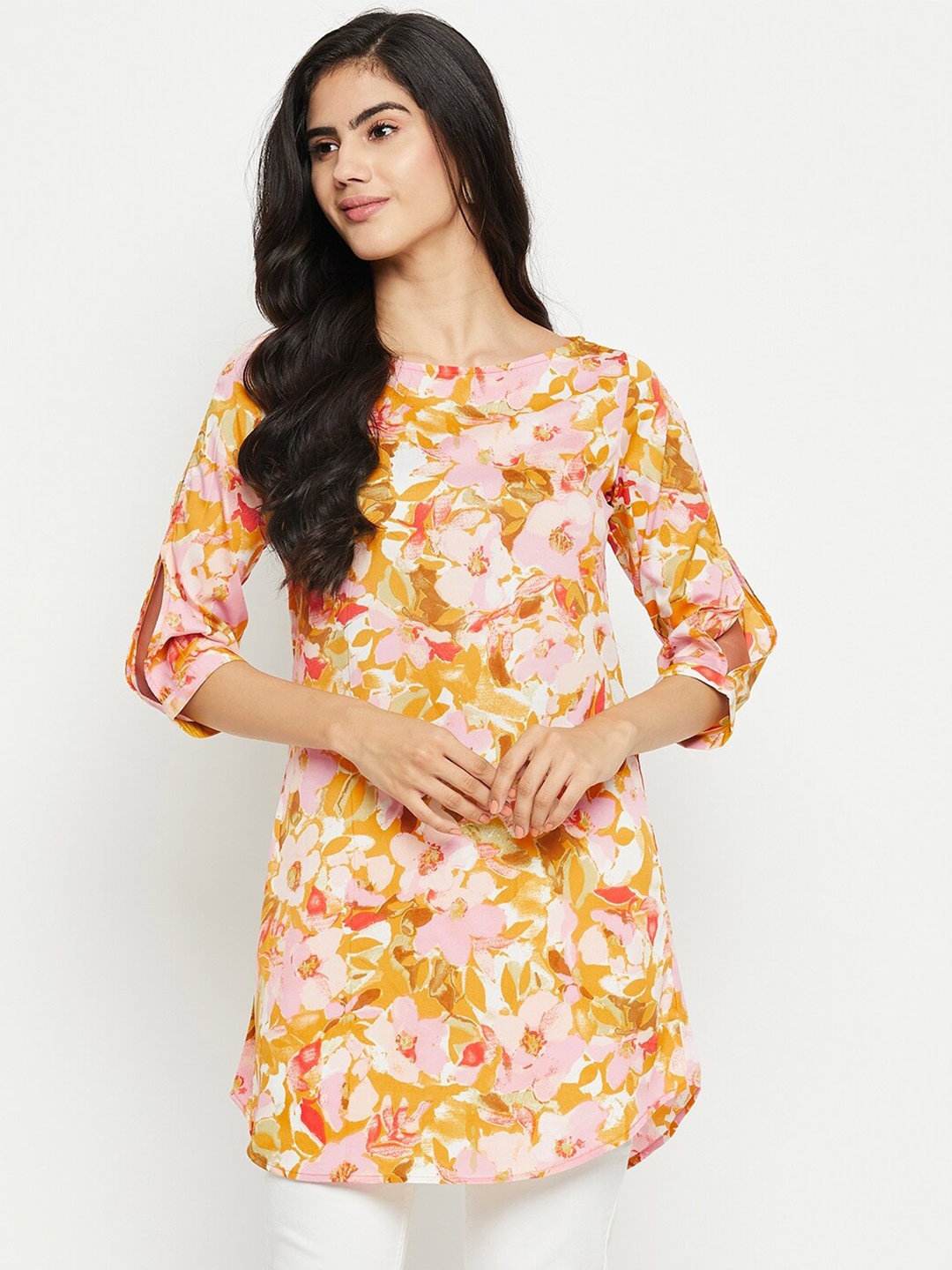 

BAESD Floral Printed Longline Top, Mustard