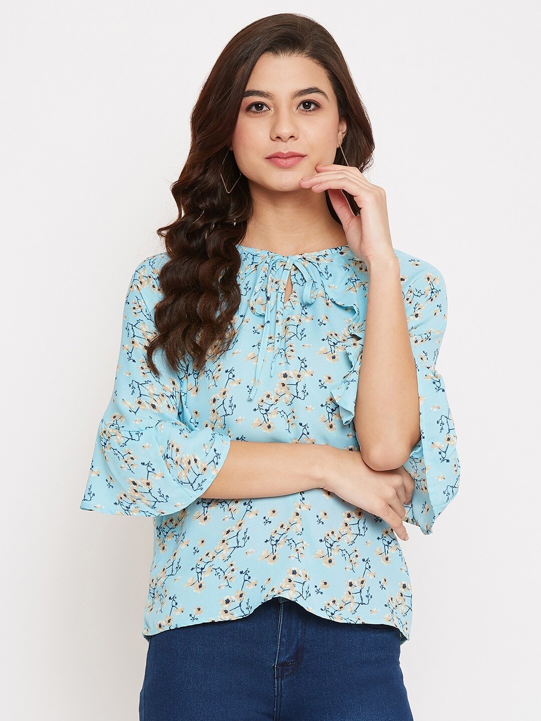 

BAESD Floral Printed Bell Sleeves Top, Blue