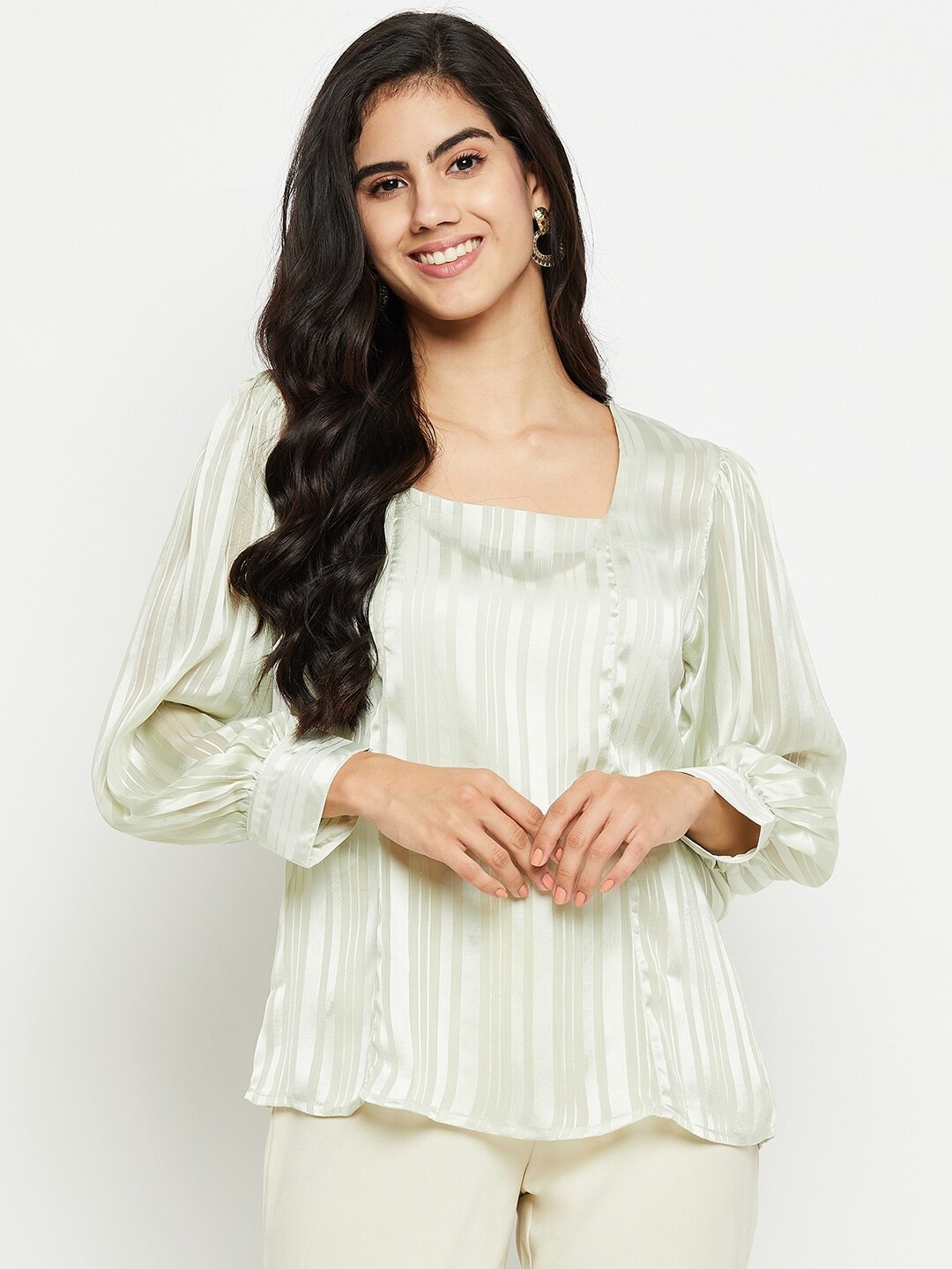 

BAESD Striped Cuffed Sleeve Satin Top, Green