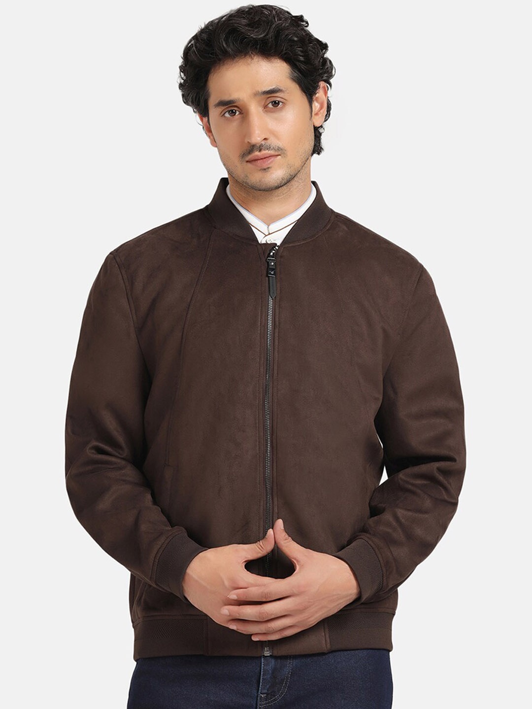 

Blackberrys Stand Collar Long Sleeve Zip Detail Bomber Jacket, Brown