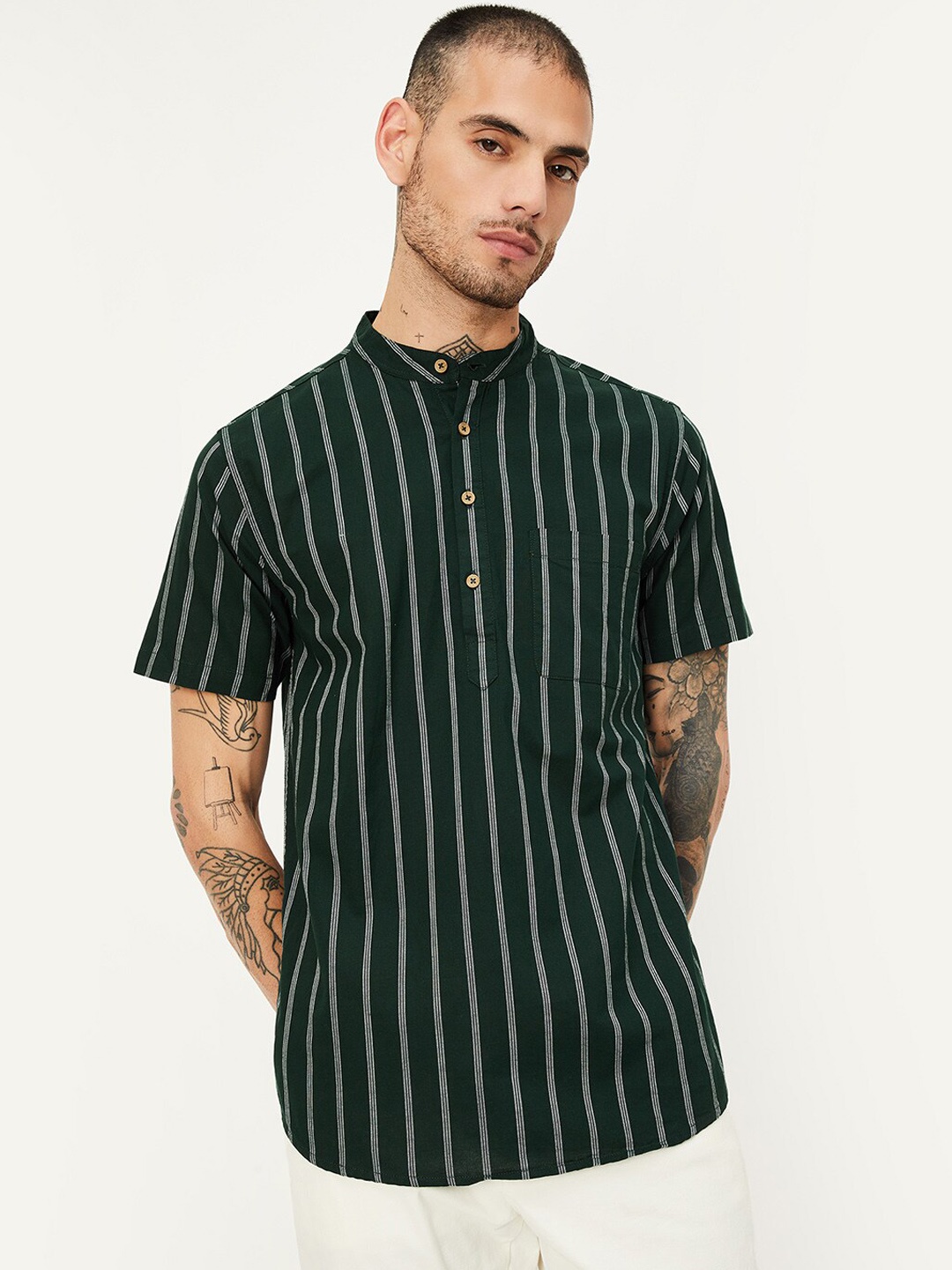 

max Striped Mandarin Collar Regular Pure Cotton Kurta, Green