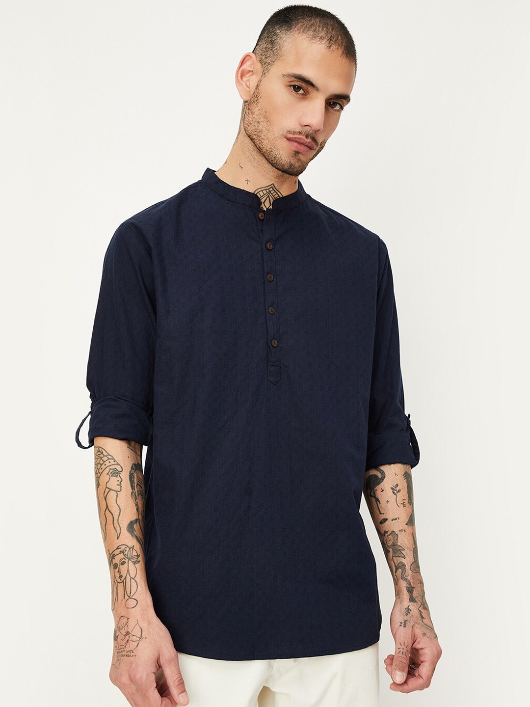 

max Woven Design Mandarin Collar Regular Pure Cotton Kurta, Navy blue