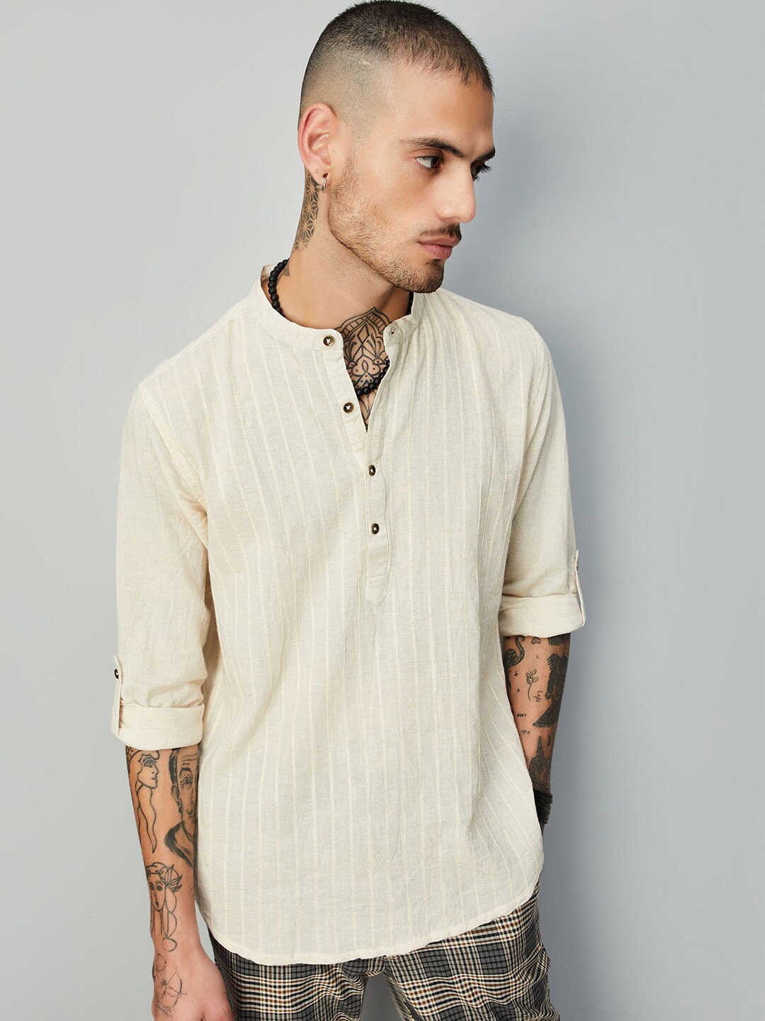 

max Striped Mandarin Collar Regular Kurta, White