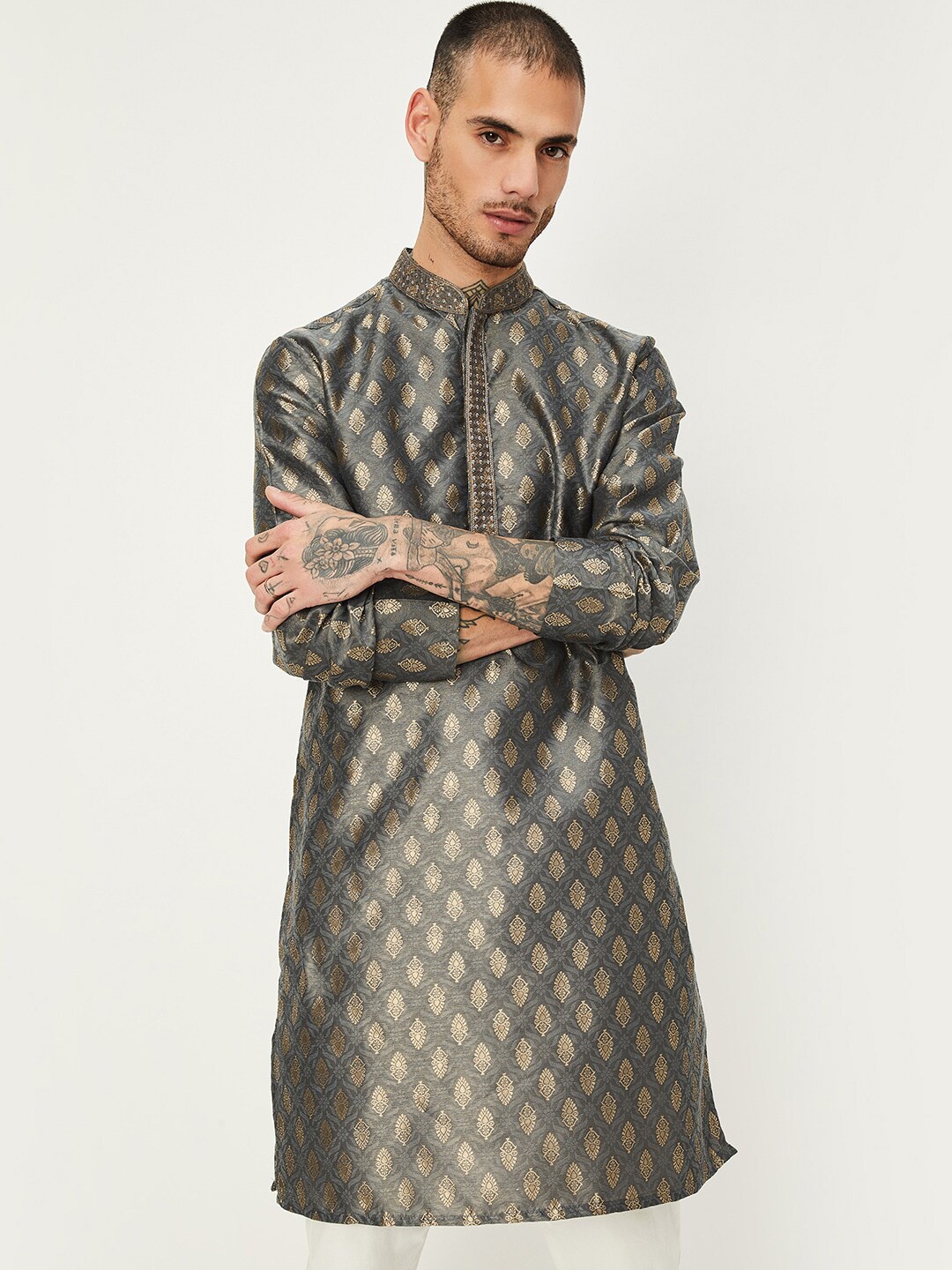

max Ethnic Woven Design Mandarin Collar Regular Kurta, Grey