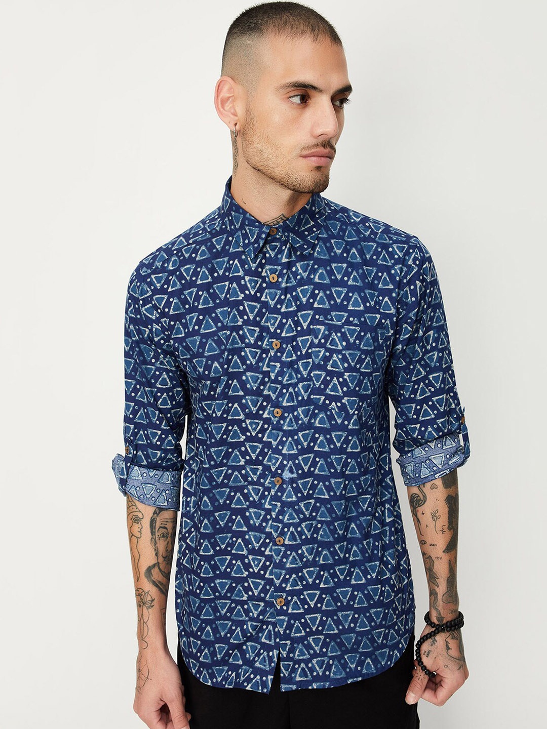 

max Geometric Printed Band Collar Roll-Up Sleeves Pocket Cotton Regular Fit Shirt, Blue