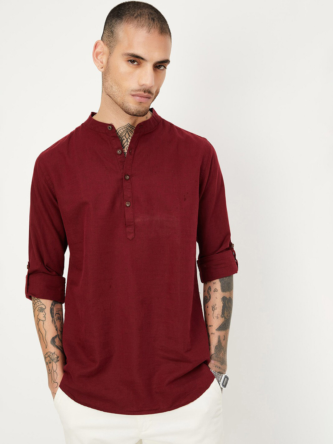 

max Band Collar Roll Up Sleeves Straight Kurta, Red