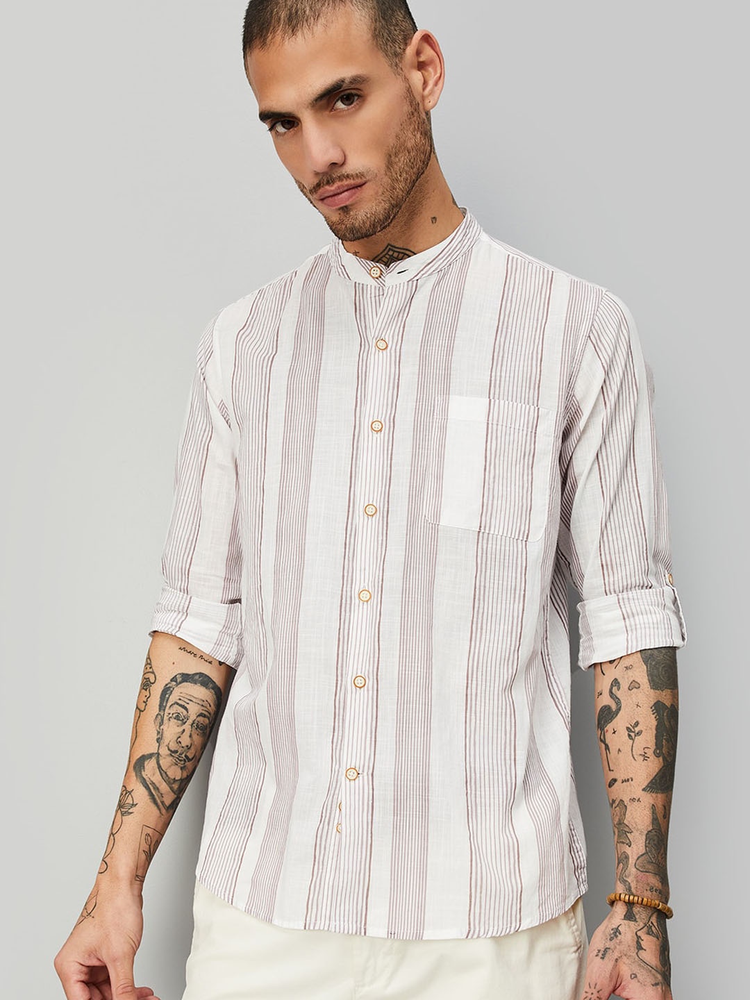 

max Striped Band Collar Roll-Up Sleeves Pocket Cotton Regular Fit Shirt, White