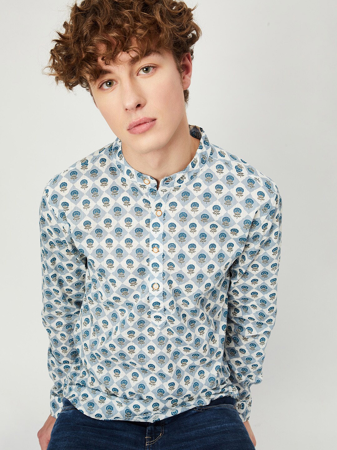 

max Floral Printed Band Collar Pure Cotton Straight Kurta, Blue