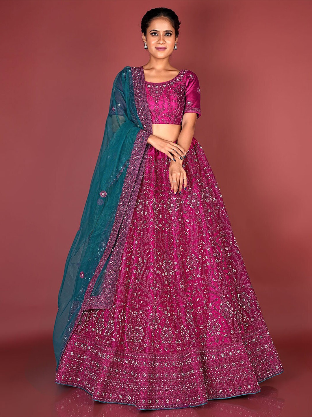 

HALFSAREE STUDIO Embellished Net Semi-Stitched Lehenga & Unstitched Blouse With Dupatta, Pink