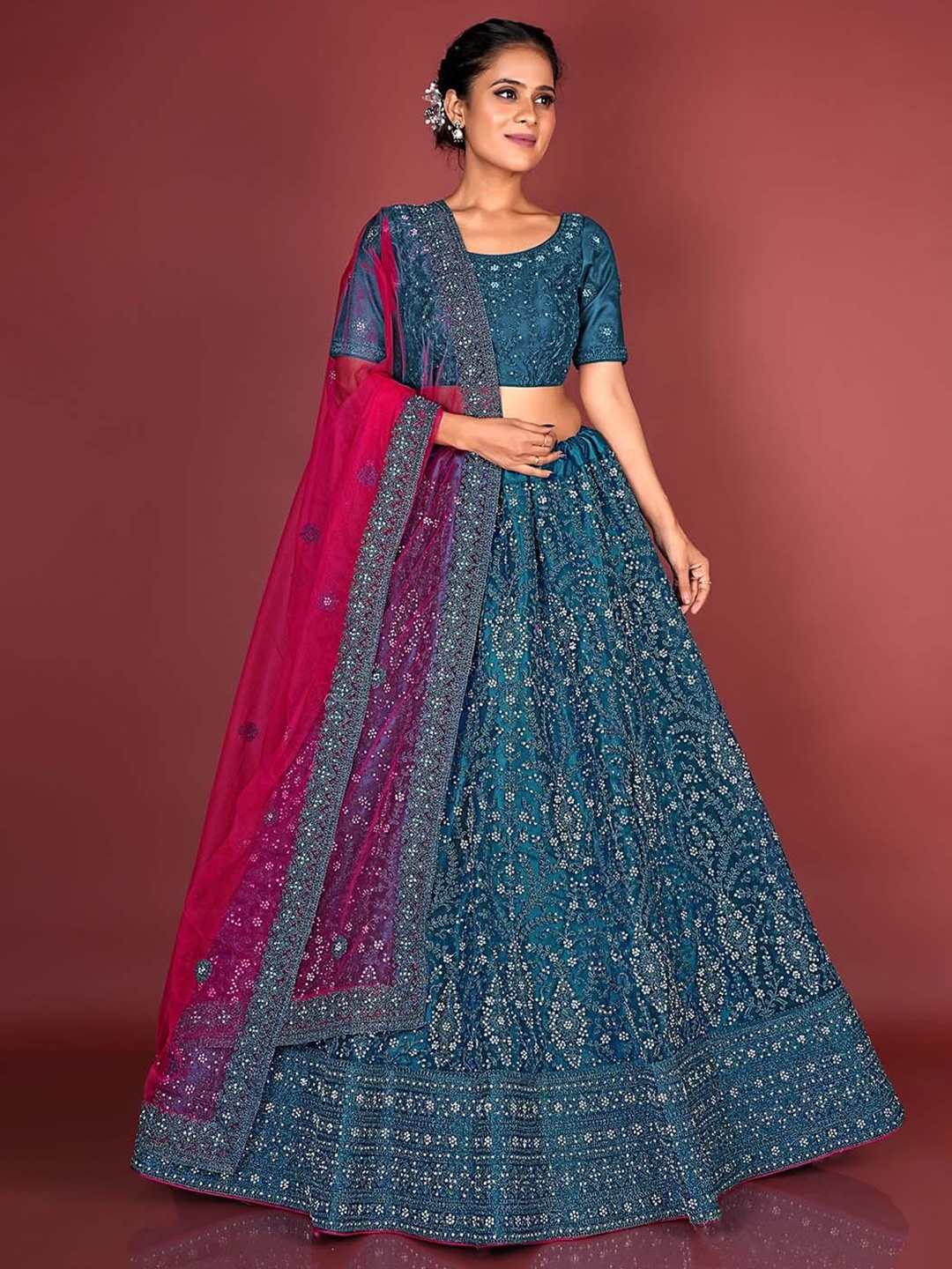 

HALFSAREE STUDIO Embroidered Net Semi-Stitched Lehenga & Unstitched Blouse With Dupatta, Teal