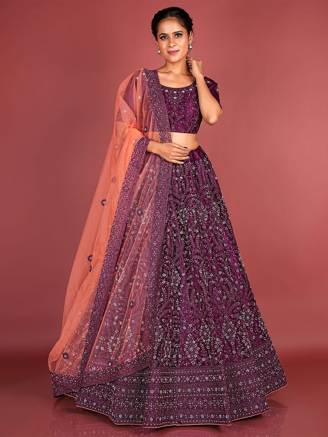 

HALFSAREE STUDIO Embellished Net Semi-Stitched Lehenga & Unstitched Blouse With Dupatta, Burgundy
