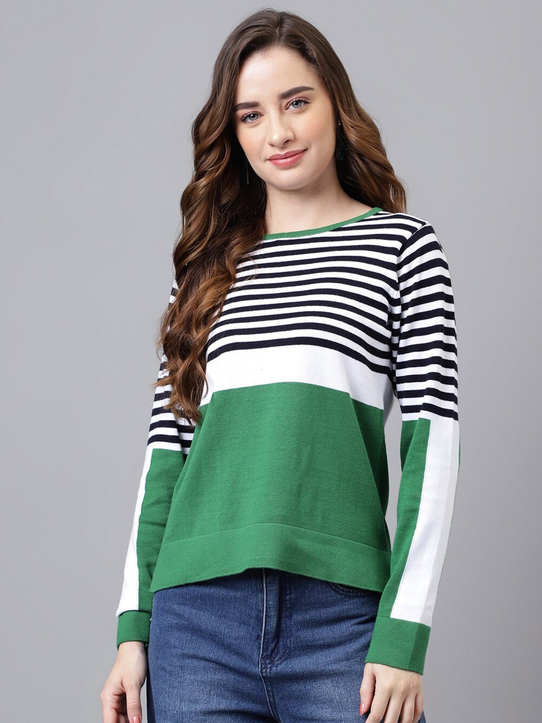 

Latin Quarters Striped Round Neck Cotton Pullover, Green