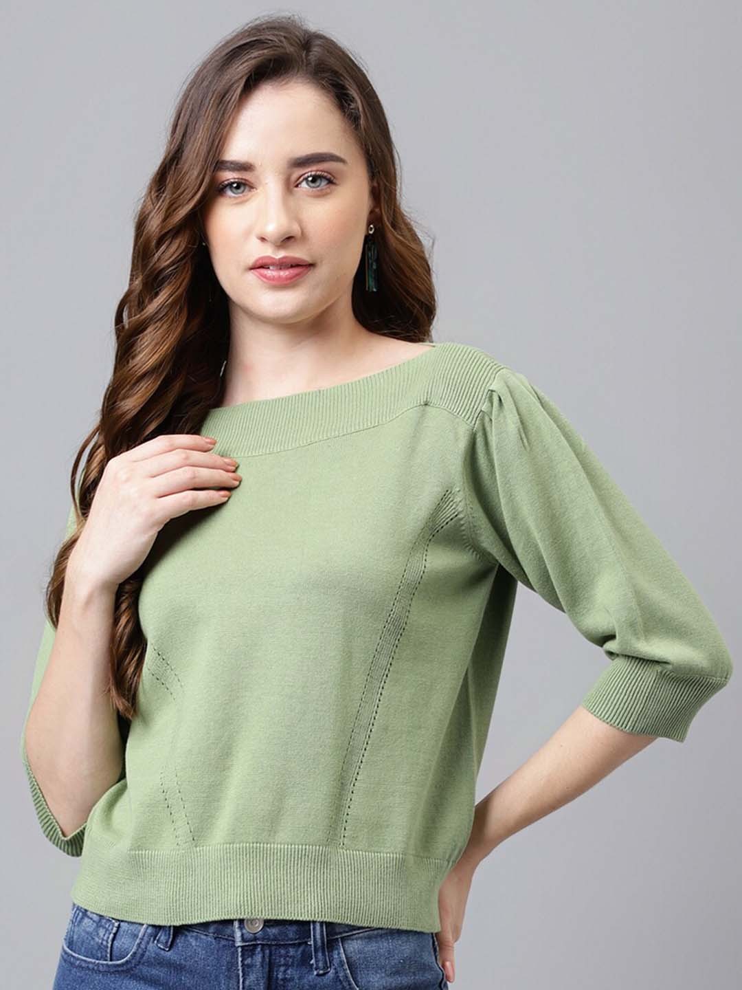 

Latin Quarters Boat Neck Puff Sleeves Cotton Pullover, Green