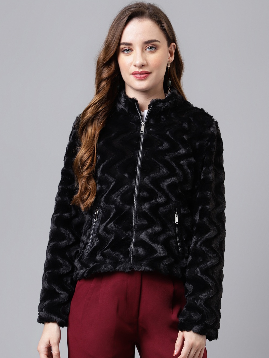 

Latin Quarters Abstract Printed Stand Collar Faux Fur Trim Lightweight Tailored Jacket, Black