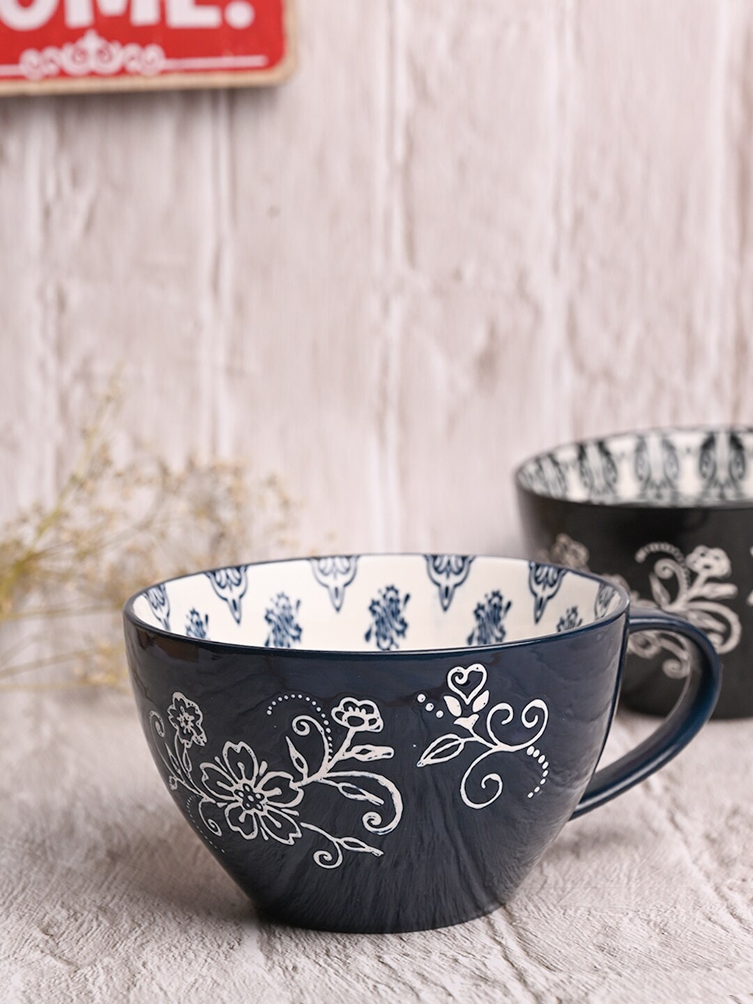 

MARKET99 White Floral Printed Ceramic Glossy Cups 480 ml