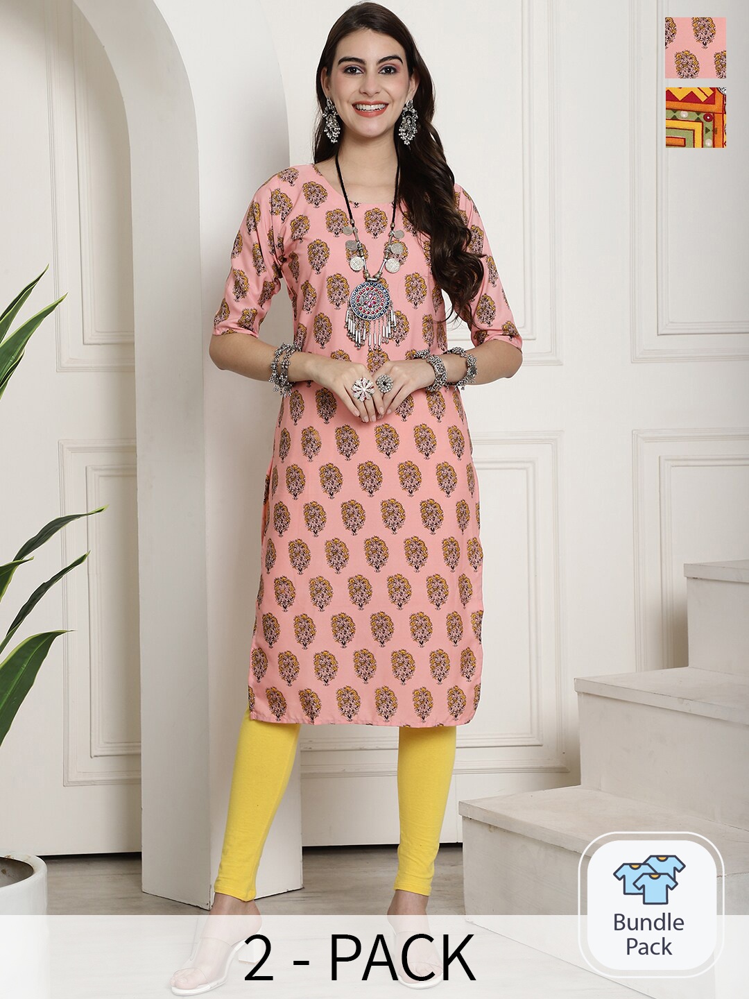 

KALINI Selection Of 2 Ethnic Motifs Printed Round Neck Short Sleeves Crepe Straight Kurta, Pink