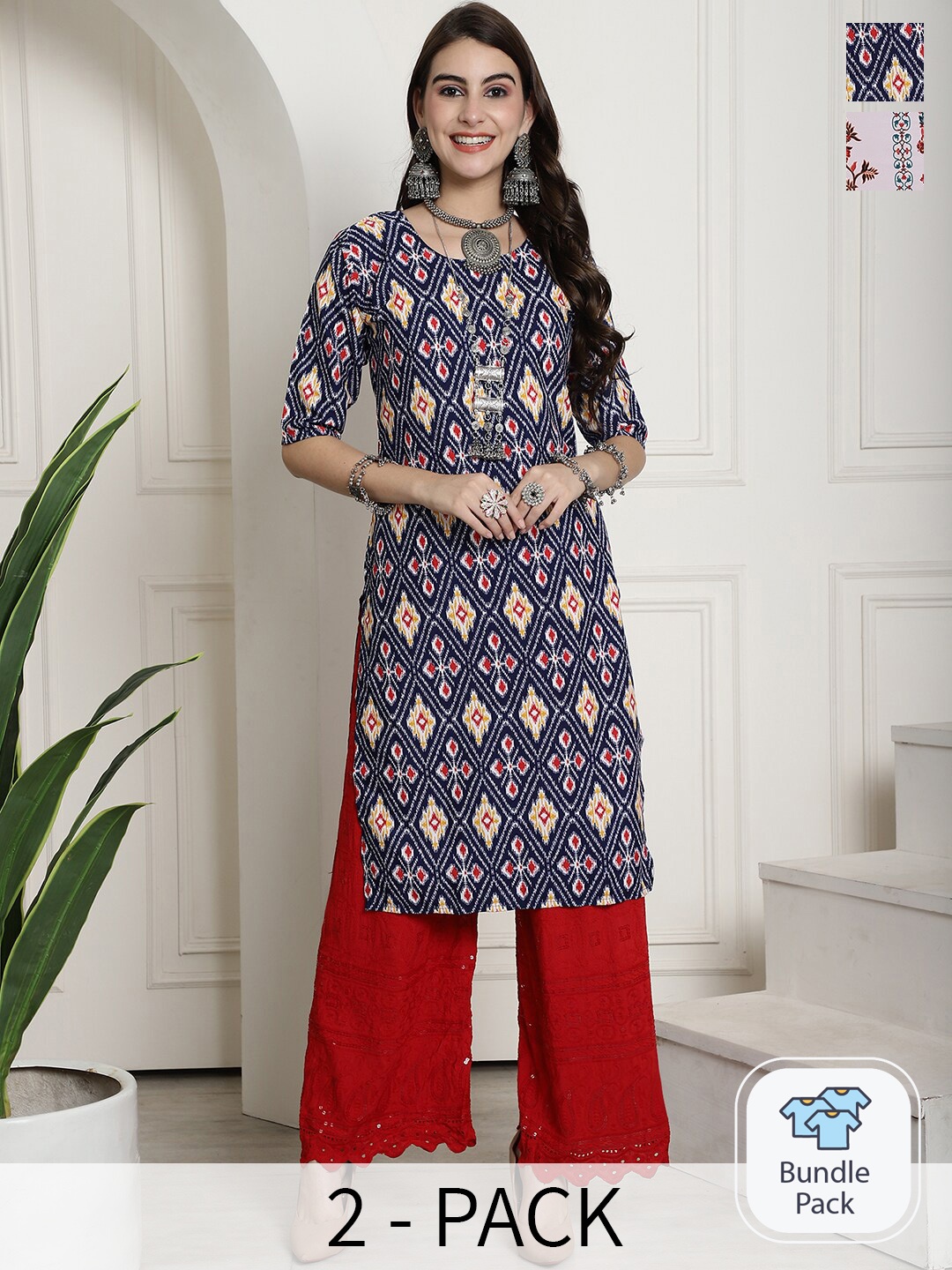 

7Threads A Selection of 2 Ethnic Motifs Printed Straight Kurta, Blue