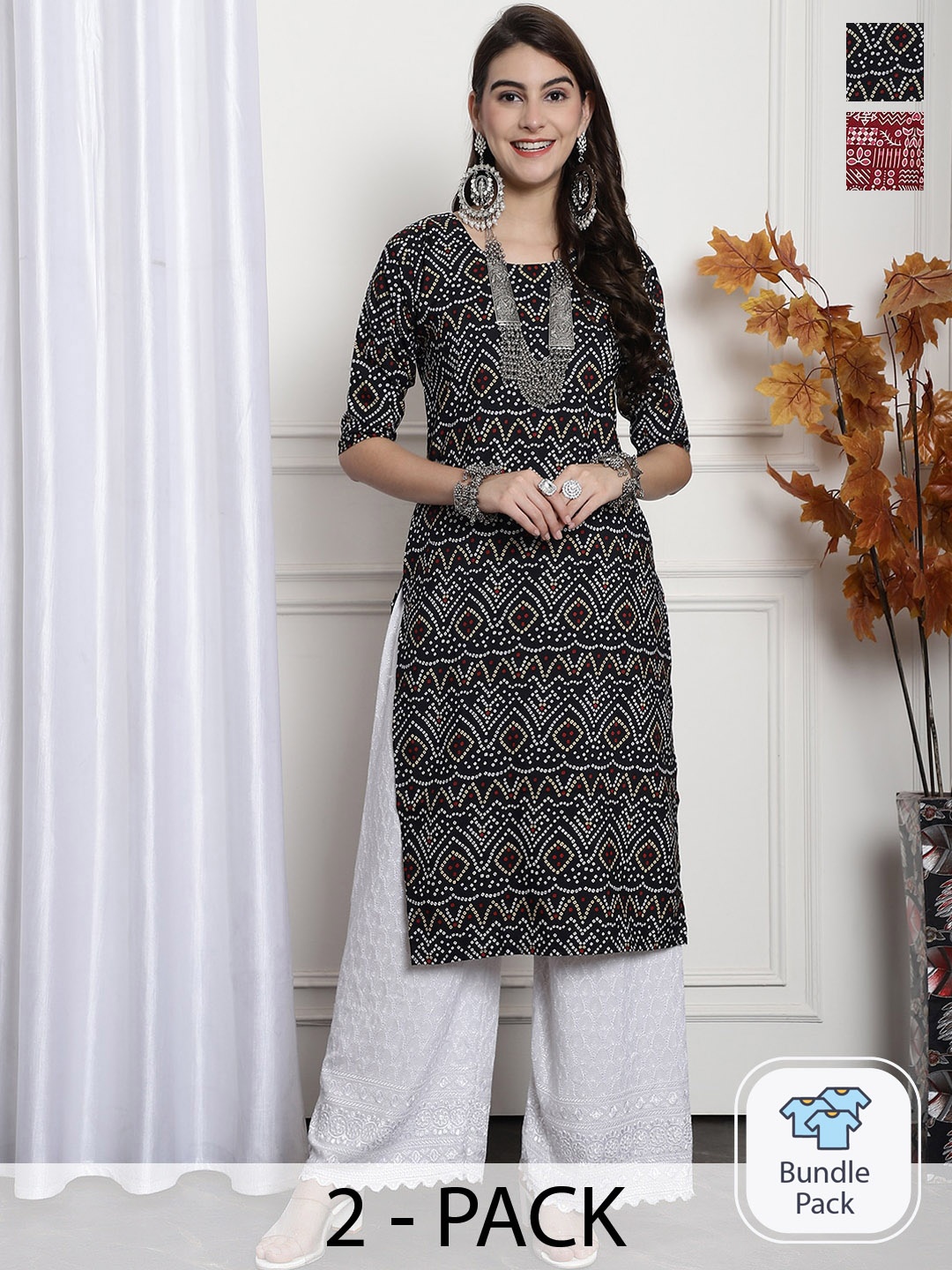 

7Threads Selection Of 2 Ethnic Motifs Printed Straight Kurtas, Black