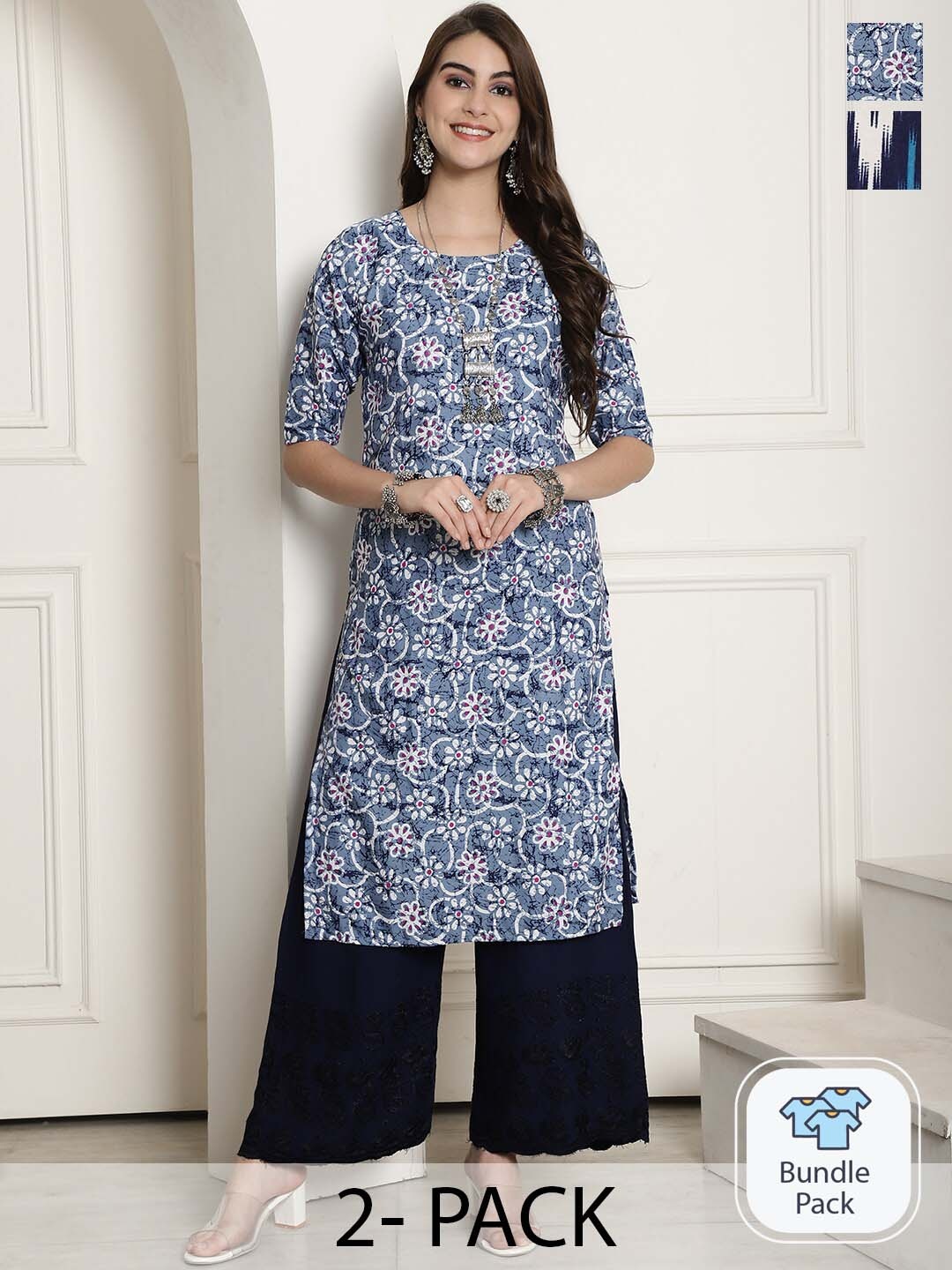 

7Threads Selection Of 2 Printed Round Neck Short Sleeves Crepe Straight Kurta, Purple