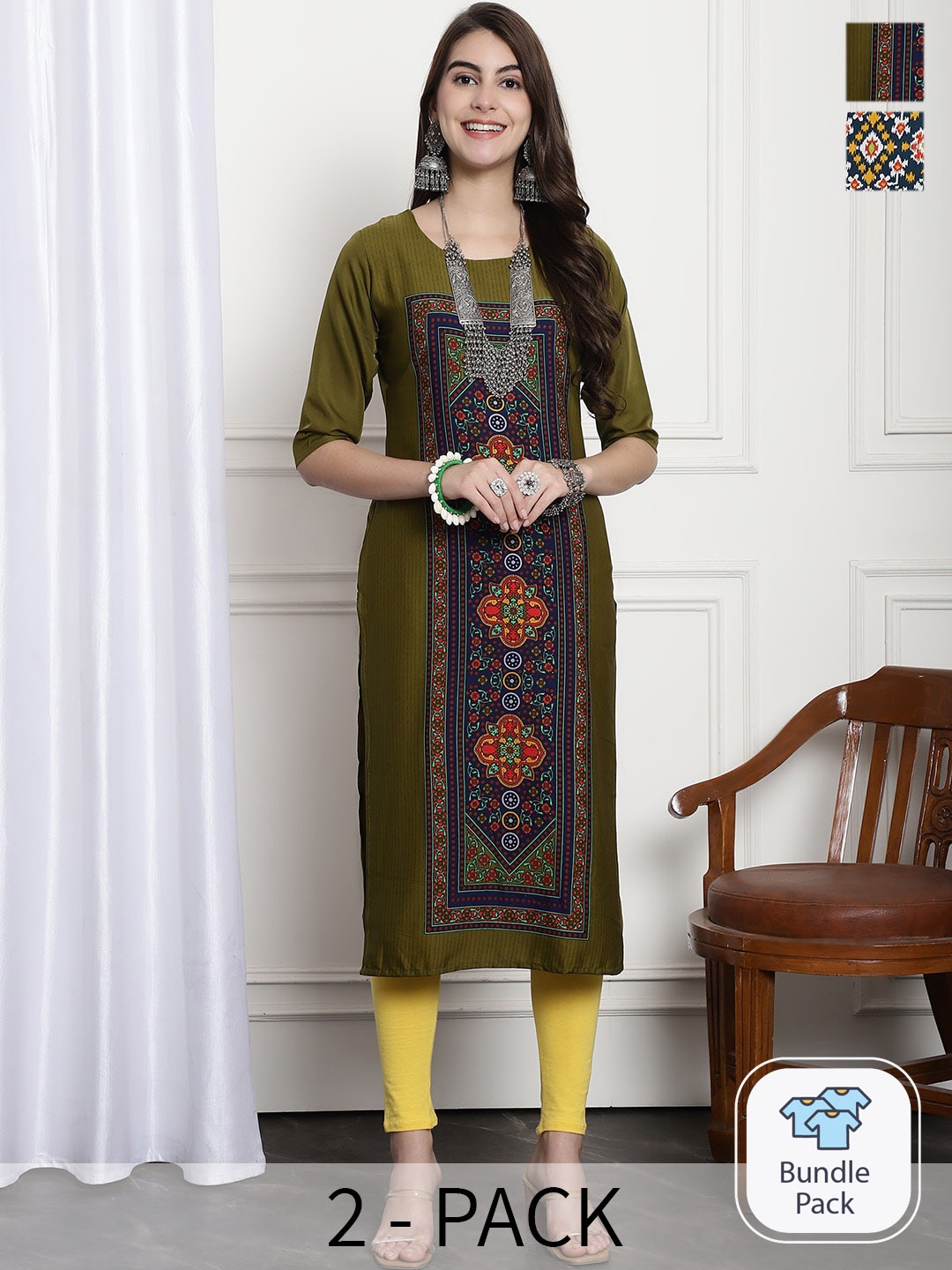 

7Threads Selection Of 2 Ethnic Motifs Printed Round Neck Short Sleeves Crepe Straight Kurta, Olive