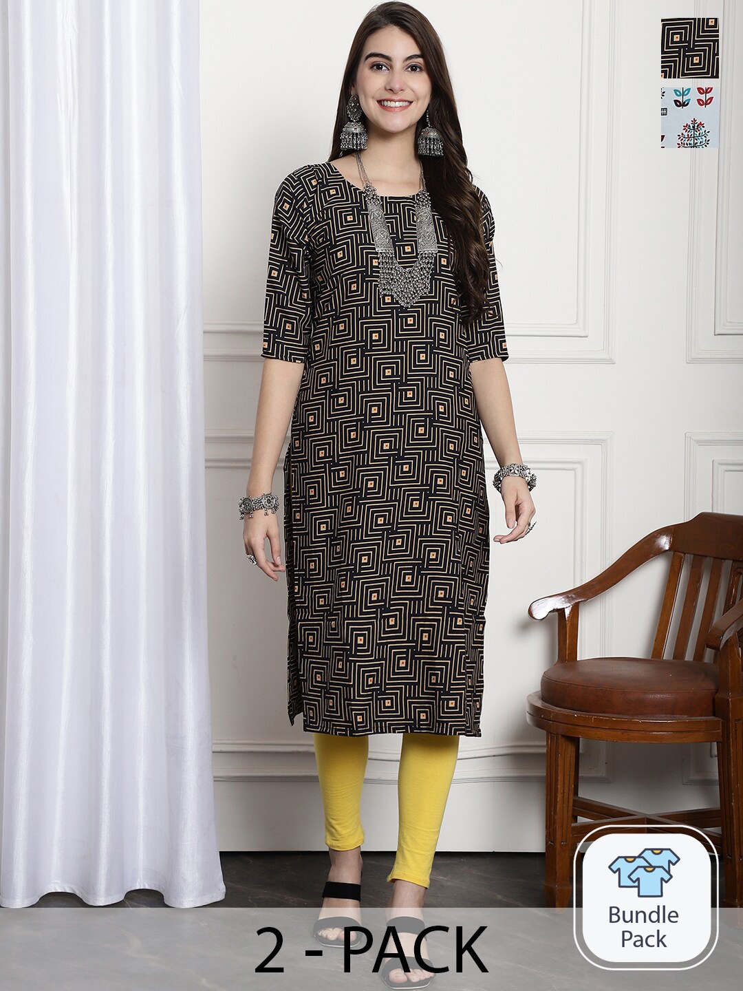 

7Threads Selection Of 2 Geometric Printed Straight Kurta, Black