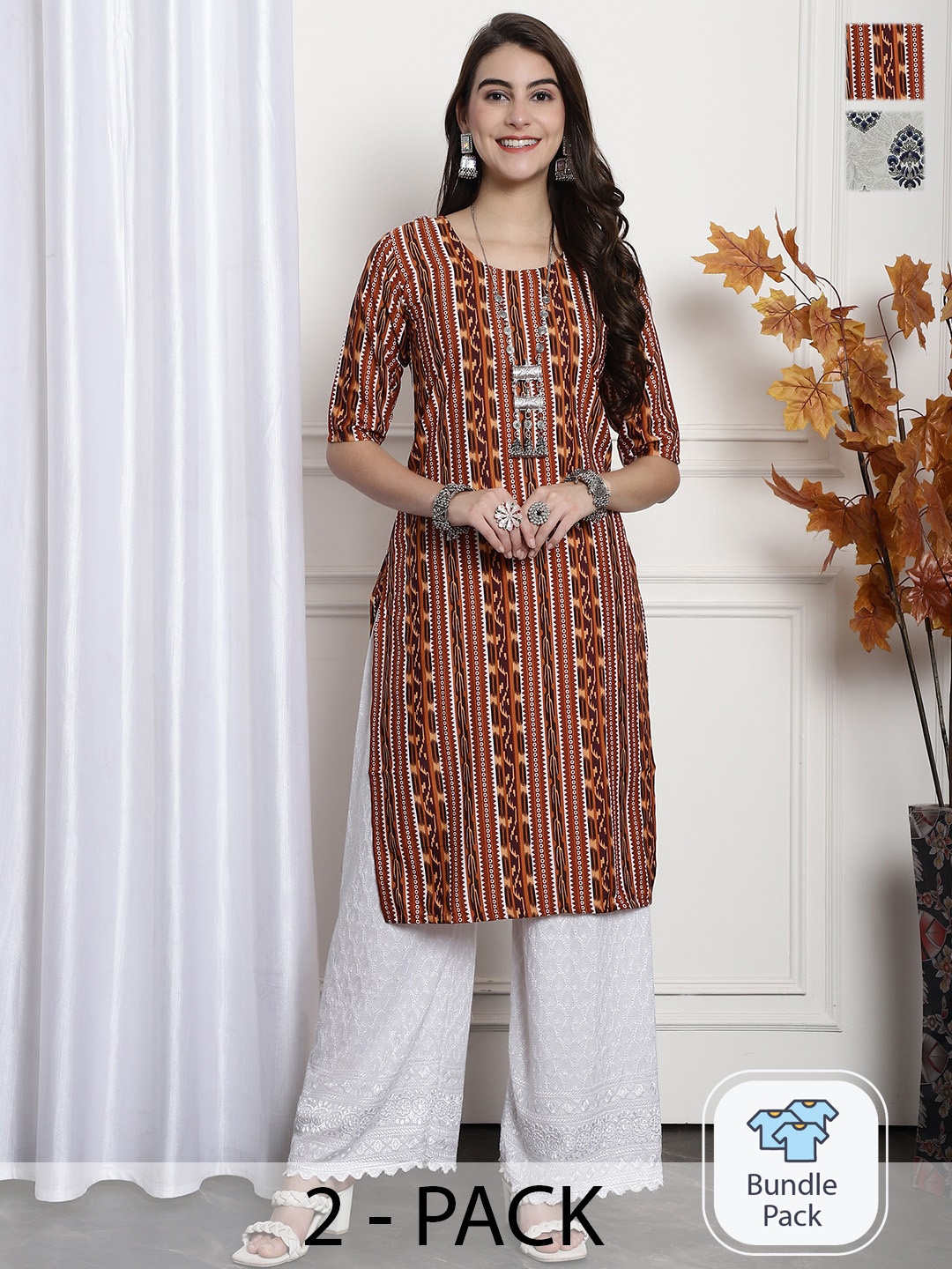 

7Threads Selection Of 2 Ethnic Motifs Printed Straight Kurta, Brown