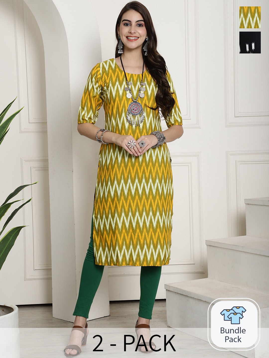 

7Threads Pack Of 2 Geometric Printed Straight Kurtas, Green