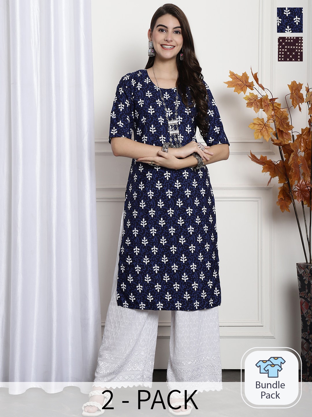

7Threads Selection Of 2 Ethnic Motifs Printed Round Neck Short Sleeves Crepe Straight Kurta, Blue