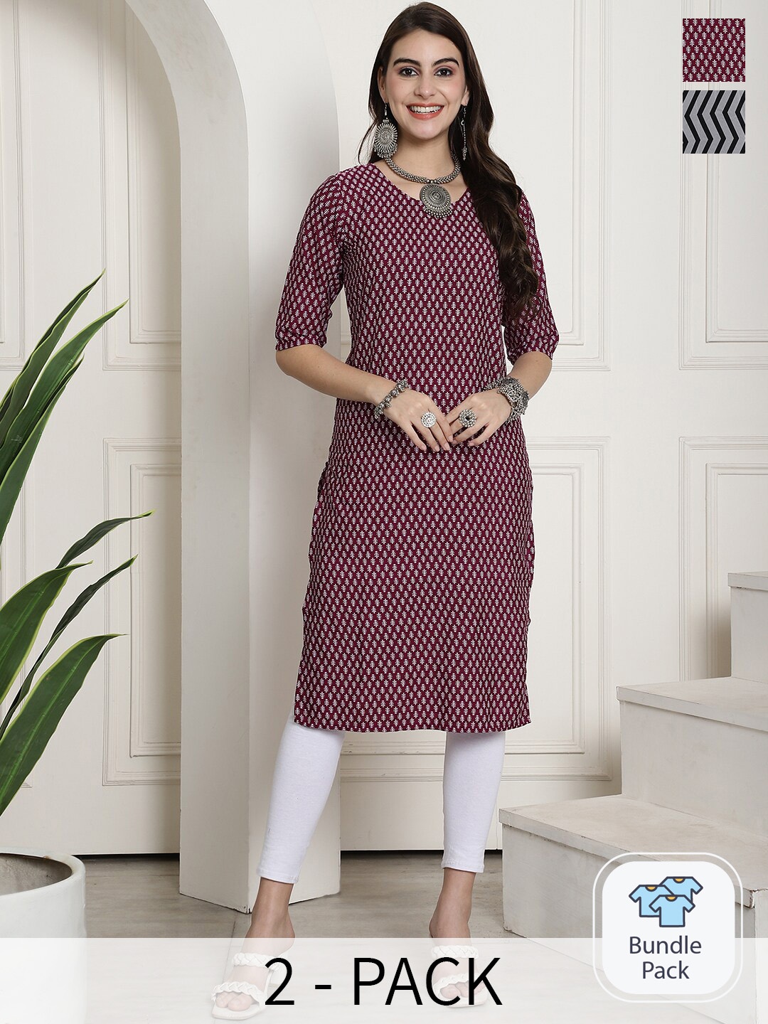 

7Threads Selection Of 2 Ethnic Motifs Printed Round Neck Kurtas, Maroon