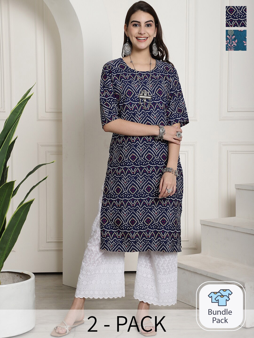 

7Threads Pack Of 2 Printed Straight Kurtas, Navy blue