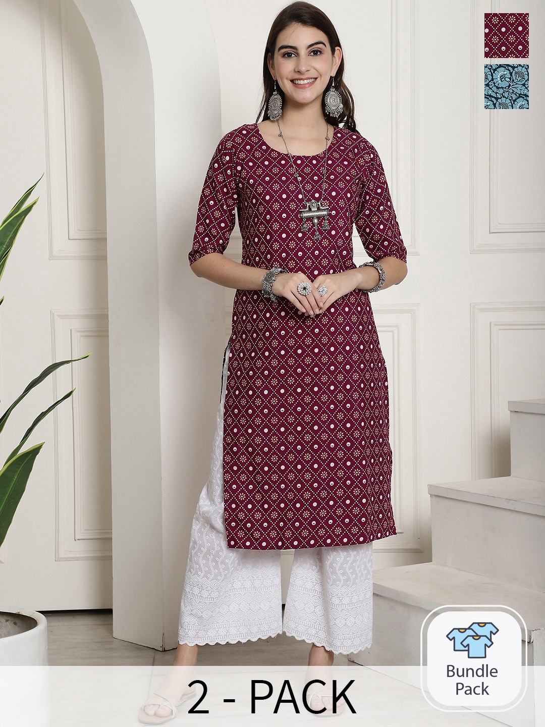 

7Threads Selection Of 2 Ethnic Motifs Printed Straight Kurta, Maroon