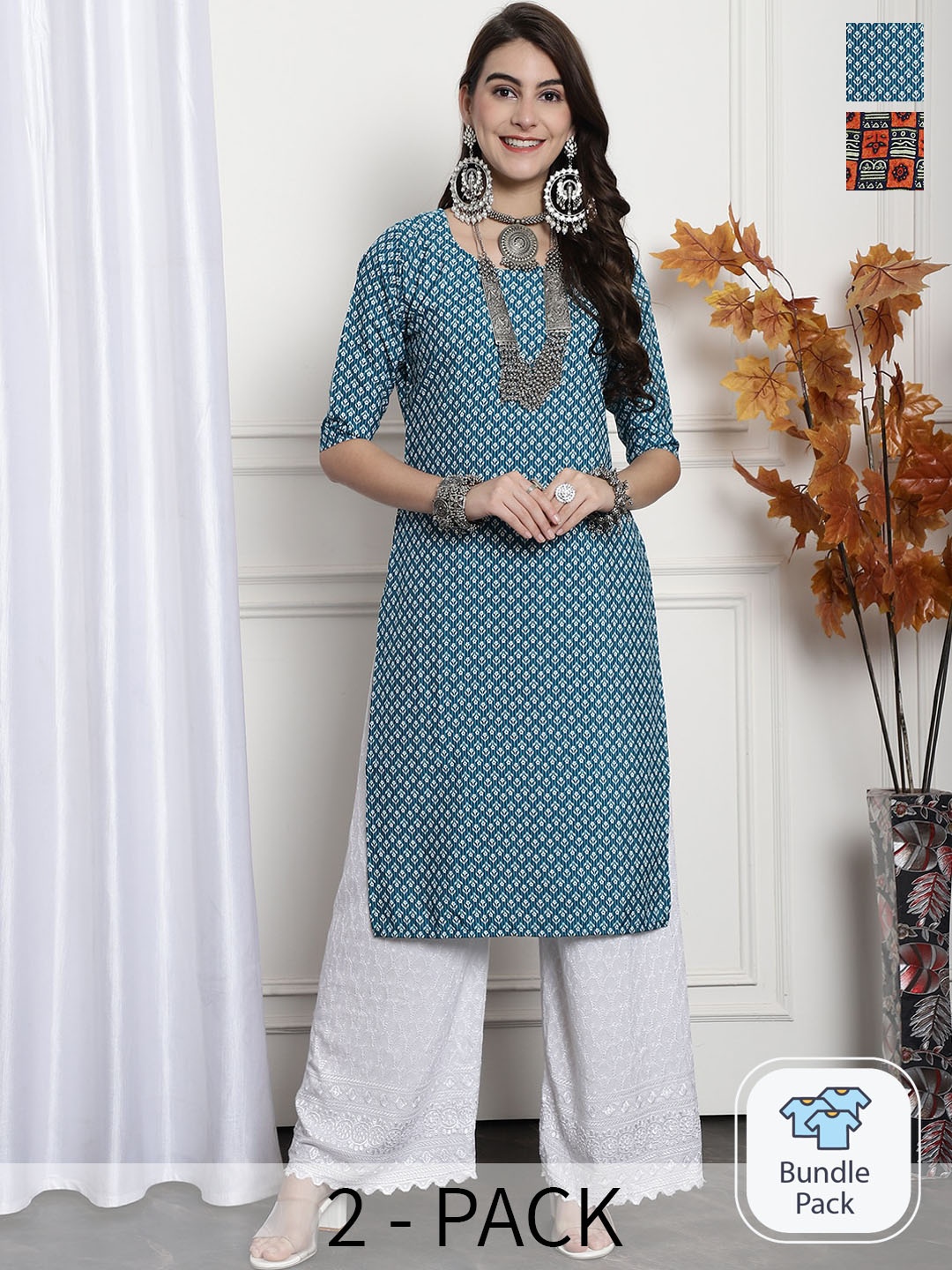 

7Threads A Selection of 2 Ethnic Motifs Printed Straight Kurta, Blue