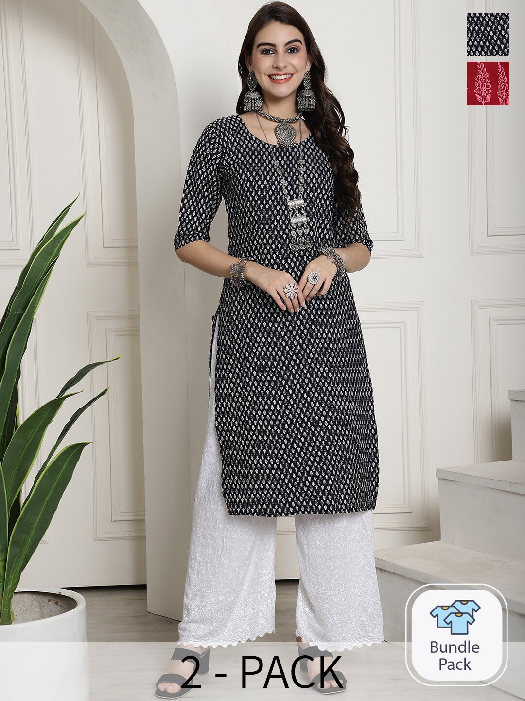 

7Threads A Selection of 2 Ethnic Motifs Printed Straight Kurta, Black