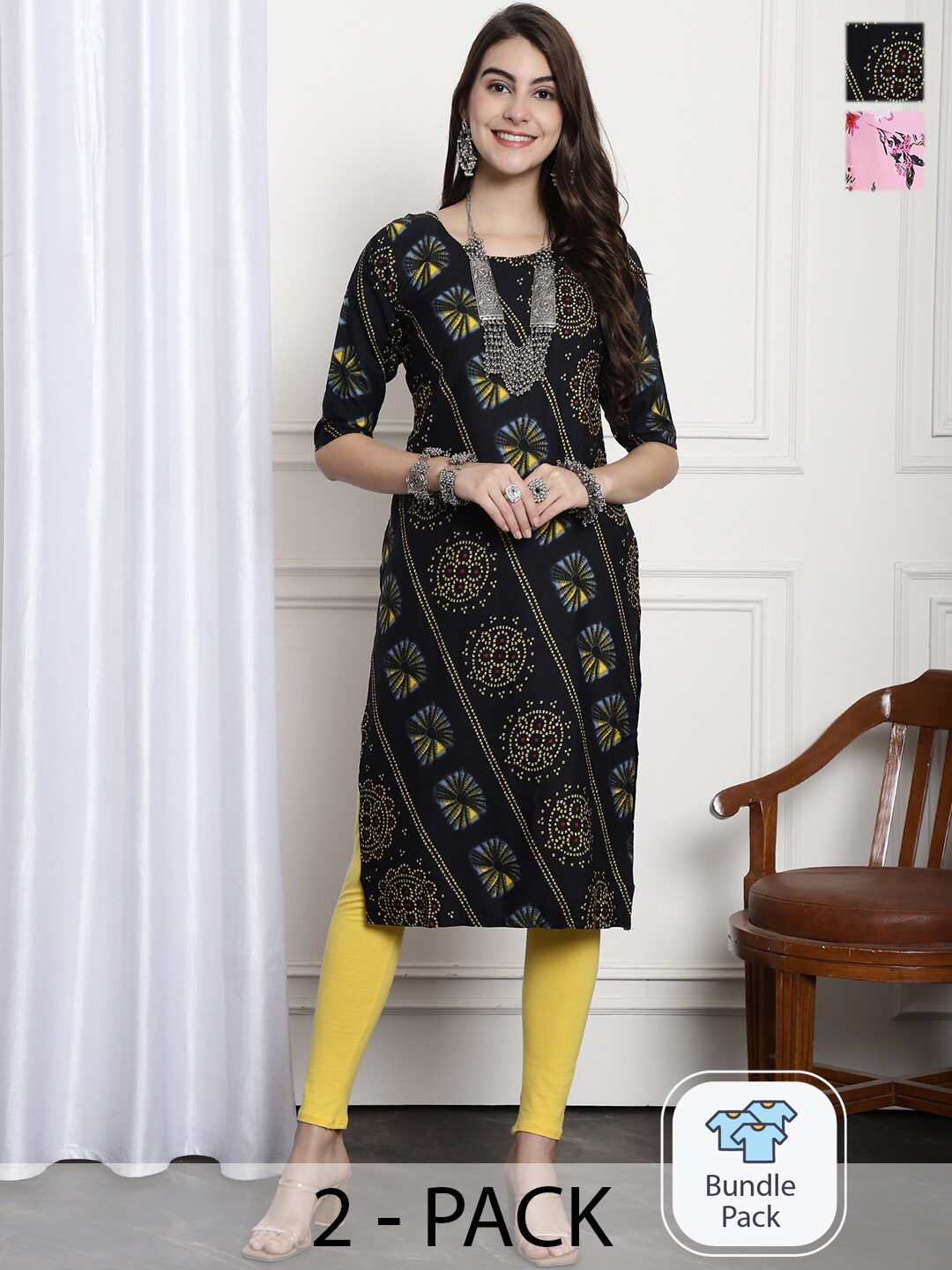 

7Threads Selection Of 2 Printed Round Neck Short Sleeves Crepe Straight Kurta, Black