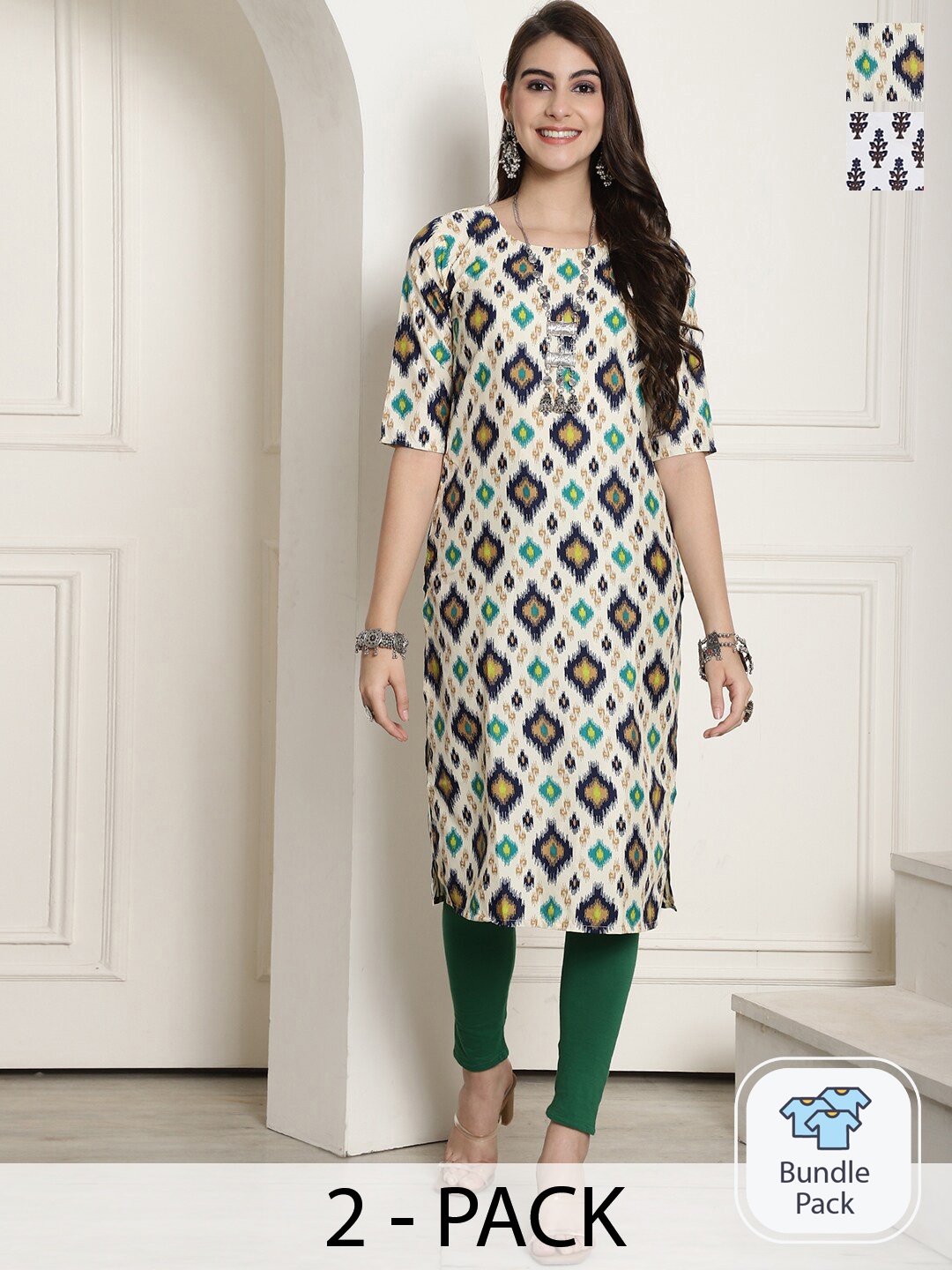 

7Threads Selection Of 2 Ethnic Motifs Printed Straight Kurta, Off white